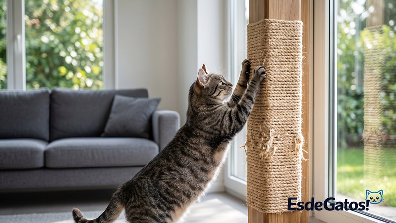 Un gato estirando todo su cuerpo mientras rasca un rascador alto