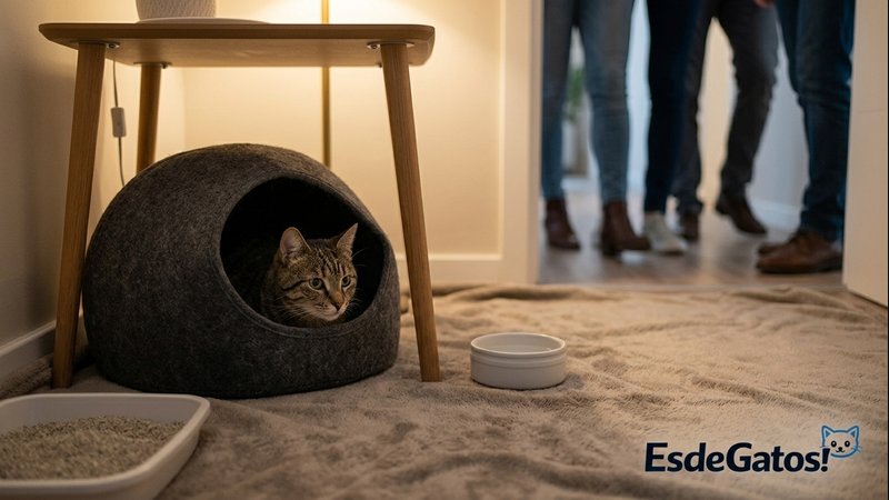 Un gato estresado refugiado en una habitación segura mientras hay visitas en la casa