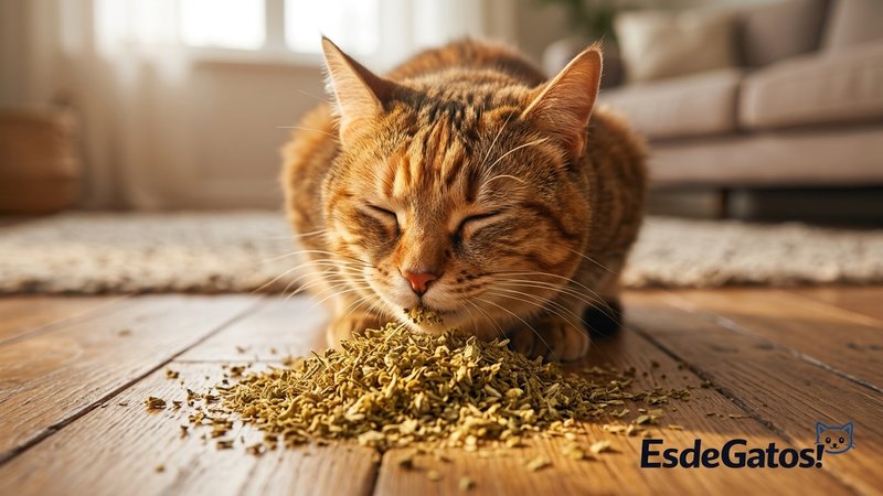 Un gato con expresión embelesada oliendo un montoncito de hierba gatera seca en el suelo del salón