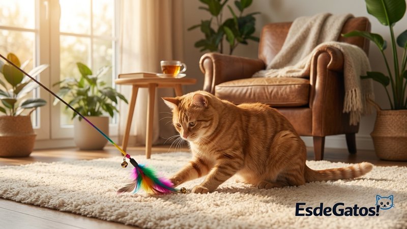 Un gato feliz y sano jugando tranquilo con su juguete favorito en un salón luminoso y acogedor