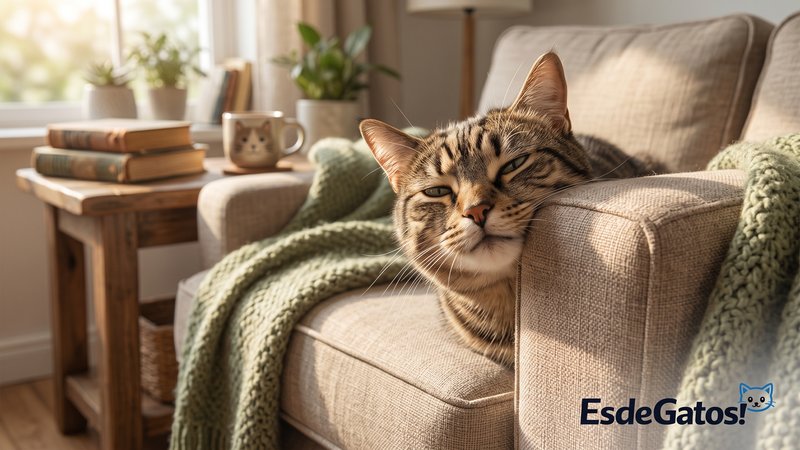 Un gato frotando su cara contra la esquina de un sofá en una sala luminosa