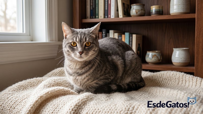 Un gato gris sentado en un rincón cómodo de la sala