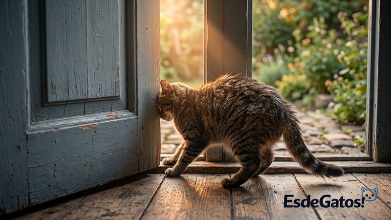 Un gato intentando colarse por la rendija de una puerta entreabierta hacia el exterior