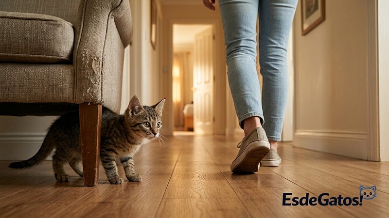 Un gato joven escondido parcialmente detrás de un sillón mientras acecha los pies