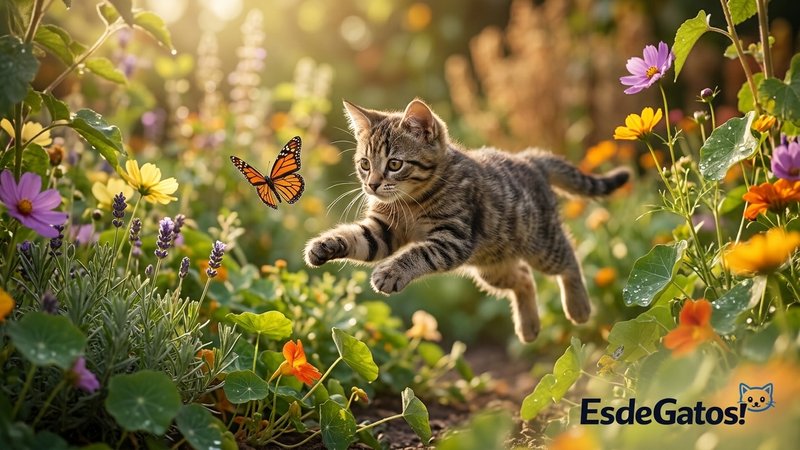 Un gato joven persiguiendo una mariposa entre las plantas de un jardín soleado, en pleno salto