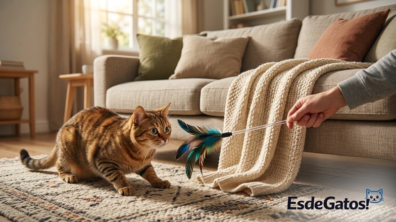 Un gato jugando con una caña que imita a una presa: el juguete con plumas debe aparecer