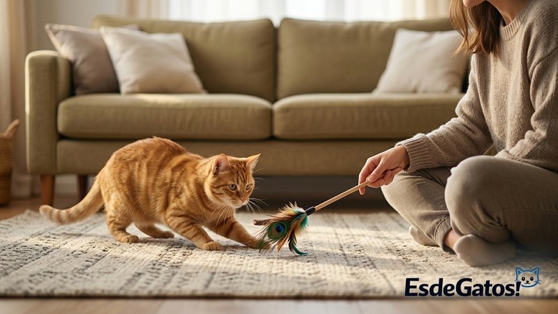 Un gato jugando con una caña de plumas a distancia segura