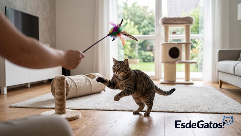 Un gato jugando con una caña de plumas como si cazara