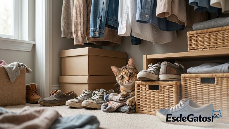 Un gato jugando dentro de un clóset abierto