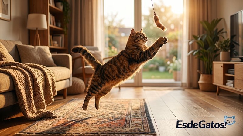 Un gato jugando lleno de energía y saltando en el salón de una casa