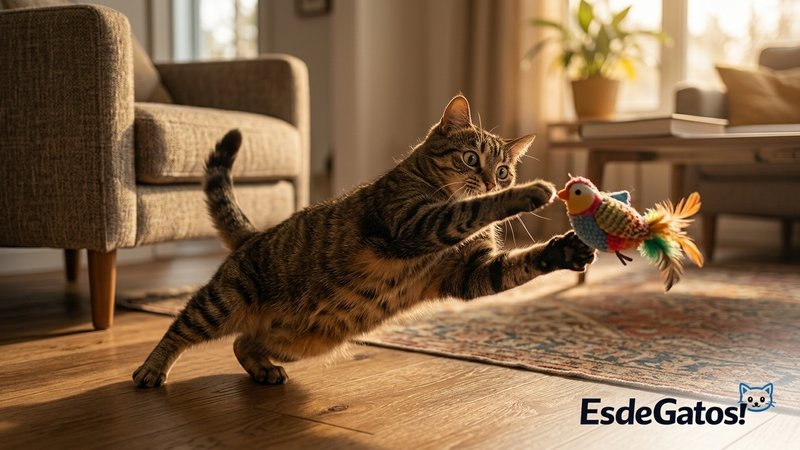 Un gato jugando con mucha energía, dando zarpazos a un juguete de tela en el suelo del salón