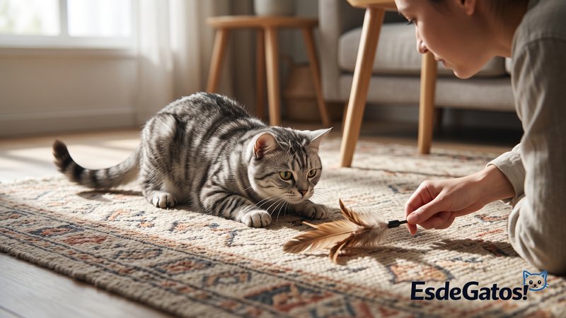 Un gato jugando con una varita de plumas sobre una alfombra de casa