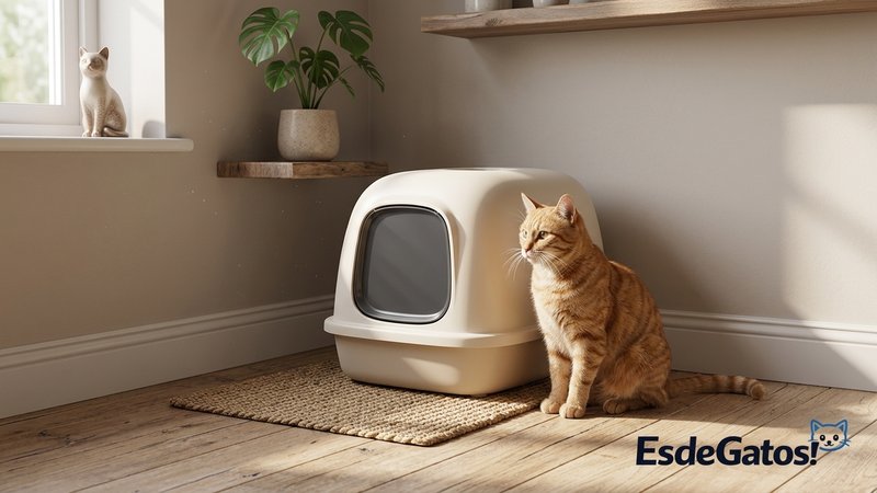 Un gato junto a una bandeja de arena cubierta en un rincón privado y tranquilo de la casa