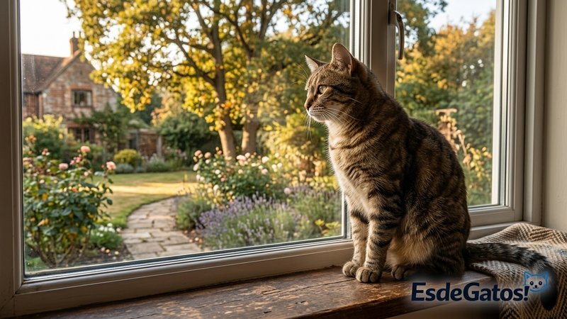Un gato macho sentado en actitud vigilante junto a una ventana, observando el exterior de la casa