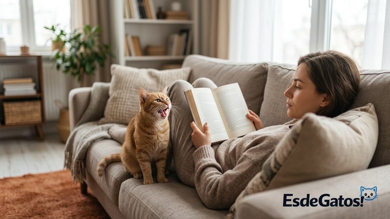 Un gato maullando junto a una persona que lee tranquila en el sofá, sin hacerle caso