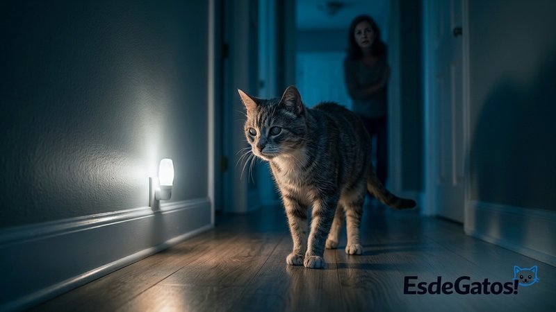 Un gato mayor caminando lentamente por un pasillo de casa durante la noche