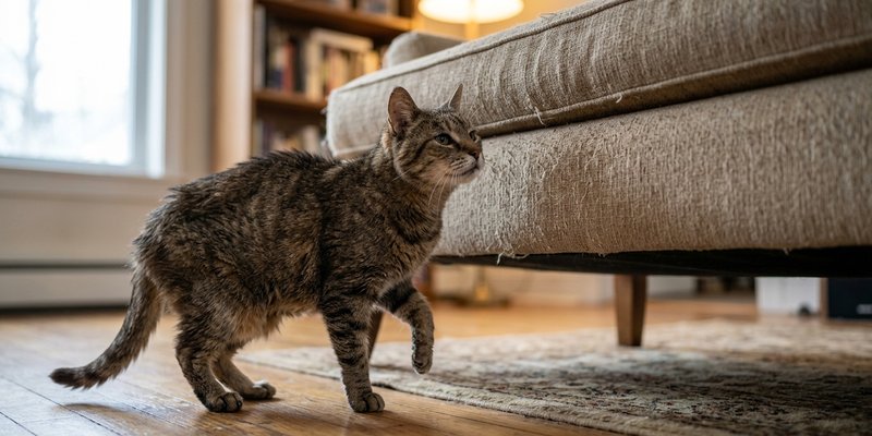 Gato mayor dudando al pie del sofa con una pata levantada