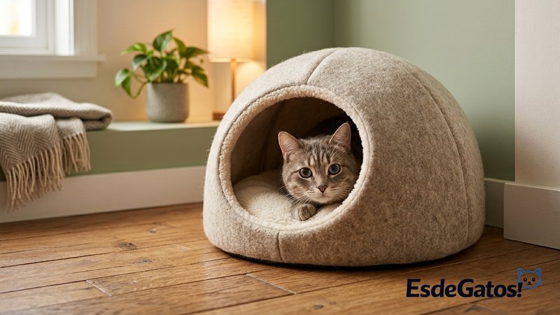 Un gato miedoso descansando dentro de una cama cerrada o refugio acolchado en una esquina