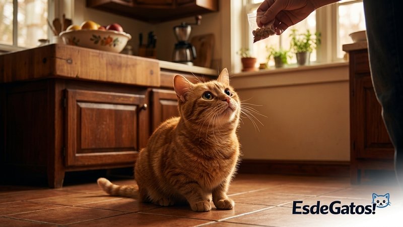 Un gato mirando hacia arriba con ojos grandes y expresión suplicante a una persona, en la cocina