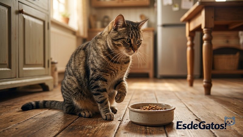 Un gato mirando su cuenco de comida en el suelo de la cocina, con actitud pensativa