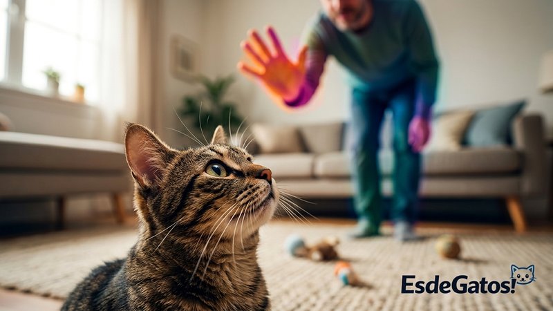 Un gato mirando a una persona desde el suelo de una sala