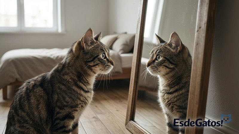 Un gato mirando su reflejo en un espejo de cuerpo entero colocado en una habitación