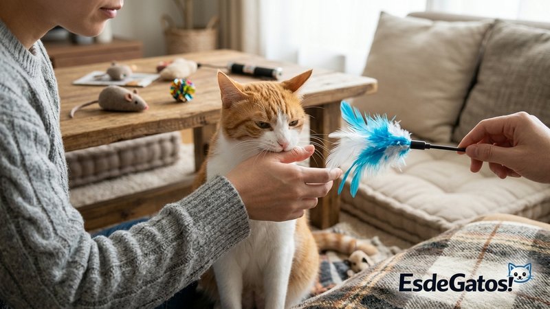 Un gato mordiendo la mano de una persona mientras otra mano acerca lentamente una caña