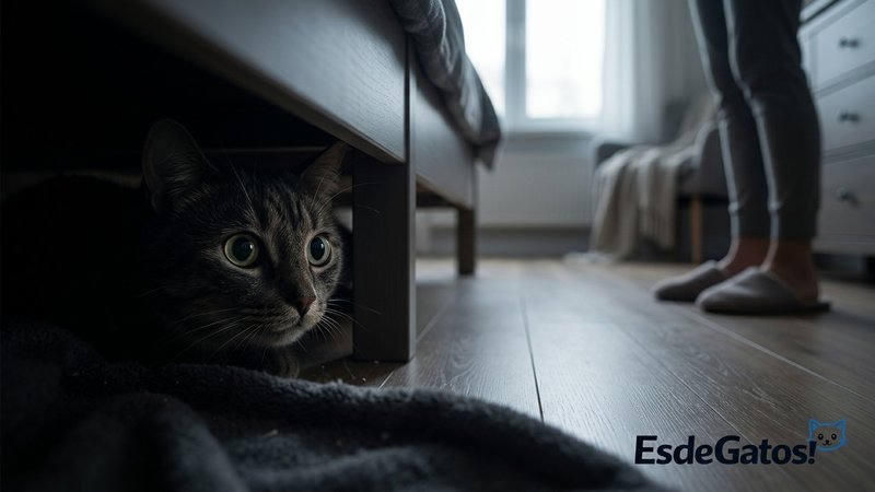 Un gato muy asustado debajo de una cama