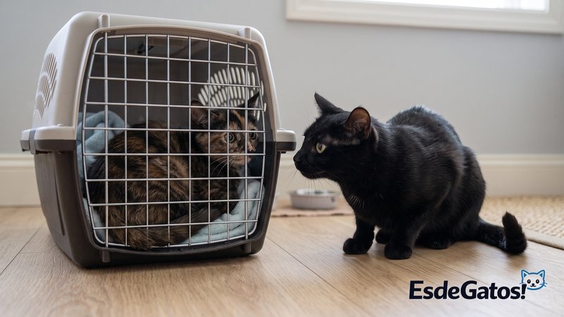 Un gato nuevo dentro de un transportín cerrado mientras un gato residente se acerca