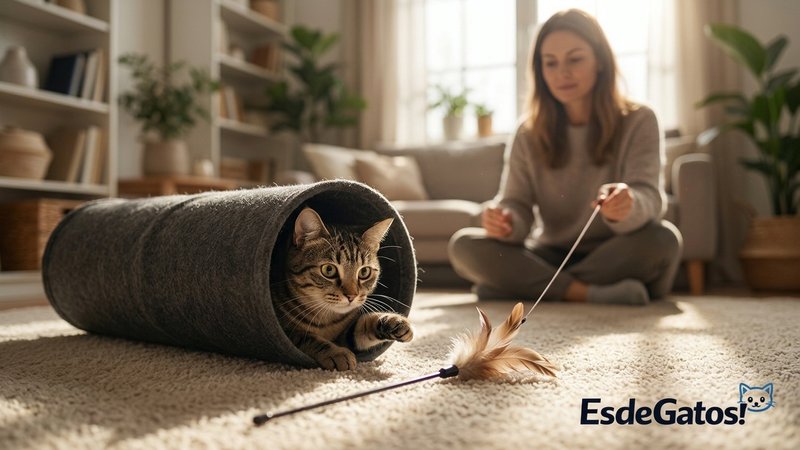 Un gato observando una caña de juguete que se mueve cerca de su escondite