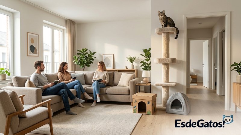 Un gato observando desde un rascador alto mientras varias visitas están sentadas