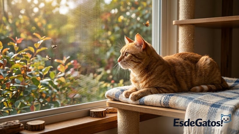 Un gato observando desde una ventana segura con malla resistente