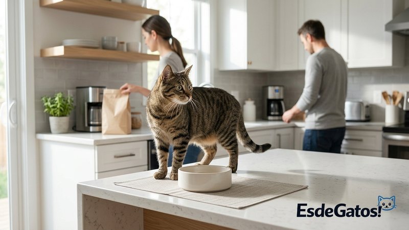 Un gato observando a su humana en una cocina moderna y sencilla