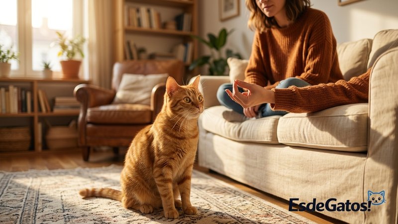 Un gato observando con mucha atención a su dueño, que hace un gesto con la mano, en el salón de casa