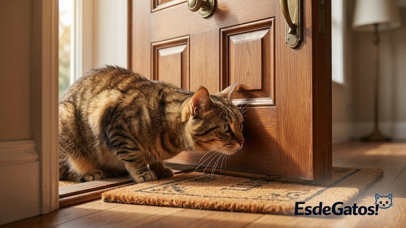 Un gato olfateando y escuchando con atención junto a una puerta cerrada de la casa