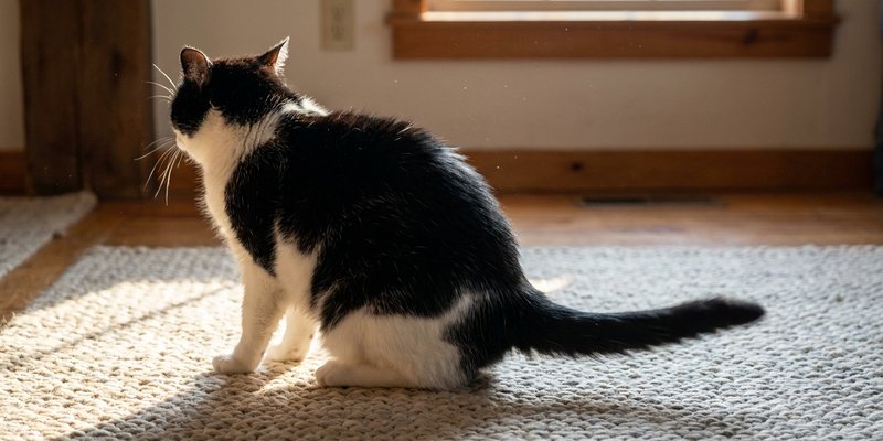 Gato con las orejas hacia atras y la cola en tension sobre una alfombra
