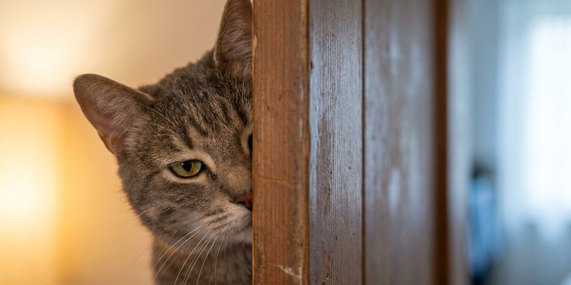 Gato parpadeando despacio medio oculto tras el marco de una puerta