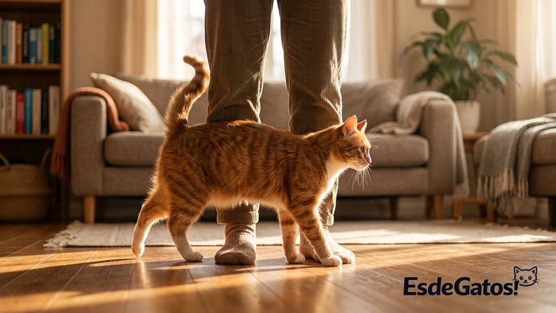 Un gato pasando entre las piernas de una persona de pie en el salón de casa