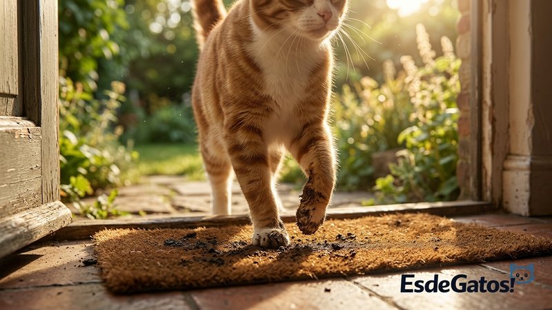 Un gato con las patas manchadas de tierra entrando en casa desde el jardín