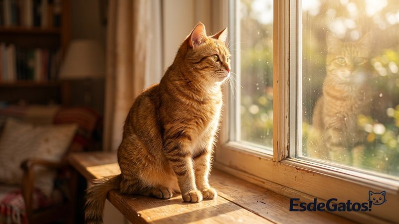 Un gato de pelaje sano y brillante sentado bajo la luz del sol junto a una ventana