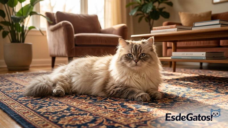 Un gato de pelo largo y frondoso posando con elegancia sobre una alfombra del salón