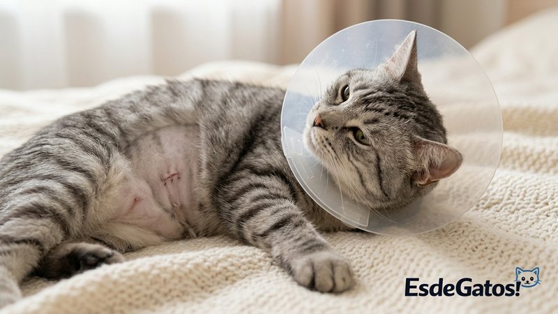 Un gato con una pequeña zona rasurada y una cicatriz posquirúrgica protegida