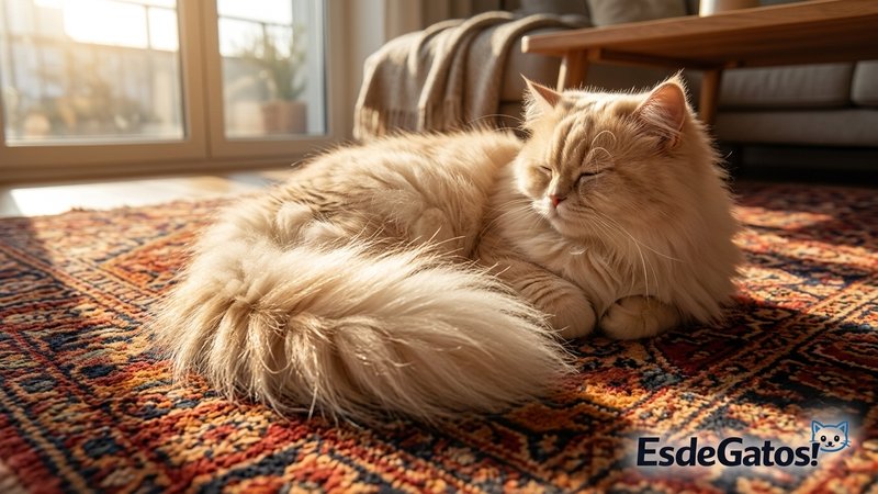 Un gato persa mostrando su cola tupida y frondosa mientras descansa sobre una alfombra del salón