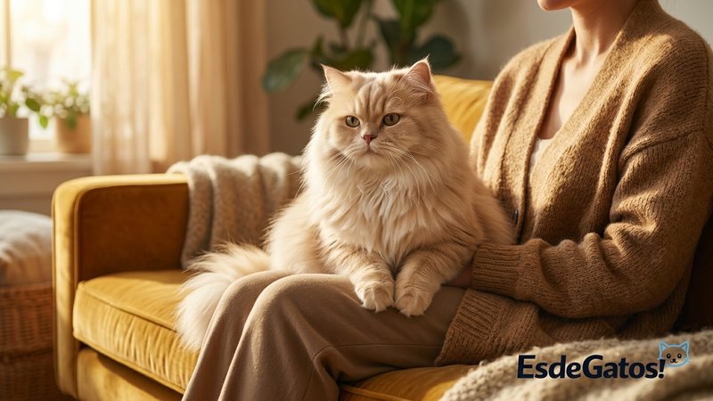 Un gato persa sentado con aire regio sobre el regazo de una persona en el sofá