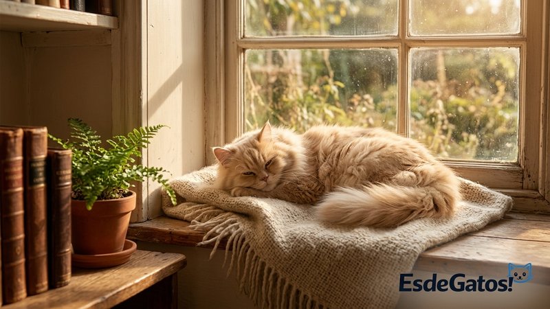 Un gato persa tomando el sol tranquilamente en un rincón silencioso junto a una ventana