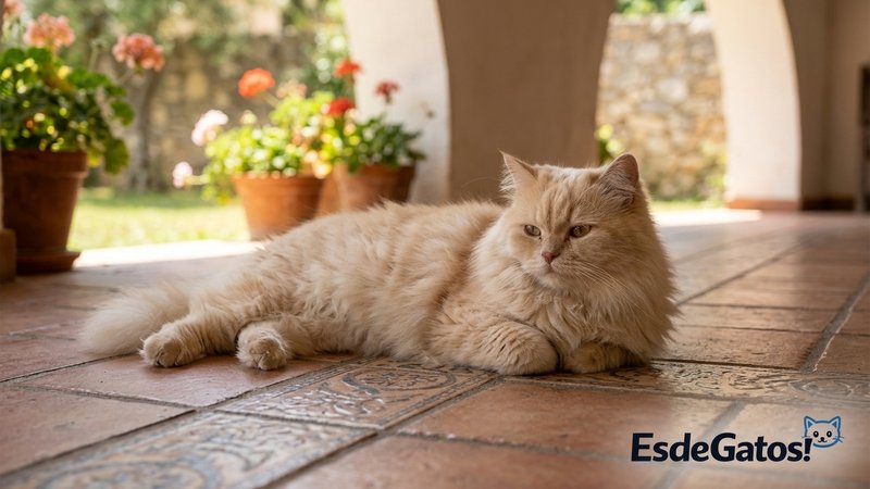 Un gato persa tumbado a la sombra sobre un suelo fresco de baldosas en un día caluroso de verano