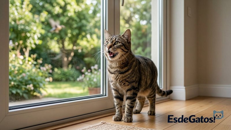 Un gato plantado frente a una puerta de cristal o ventana grande