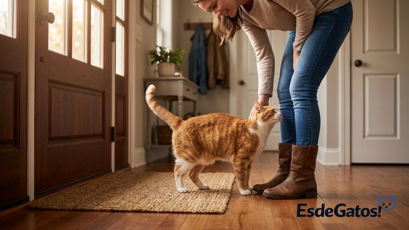 Un gato recibiendo a su dueña en la entrada de casa, frotándose contra sus piernas mientras ella llega