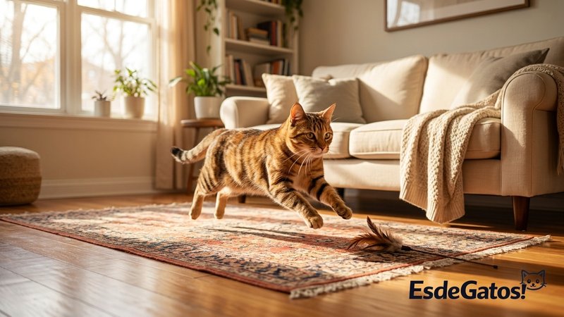Un gato ya recuperado correteando lleno de energía por el salón de casa