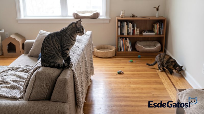 Un gato residente observando desde lo alto de un sofá a un gato nuevo que camina